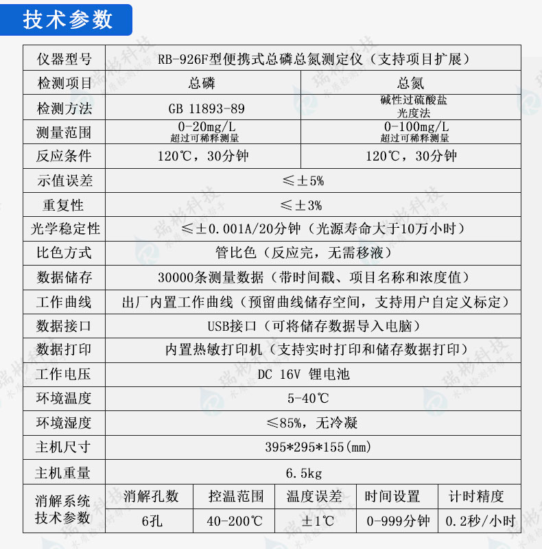 RB-906F型便攜式總磷總氮測定儀技術(shù)參數(shù)規(guī)格