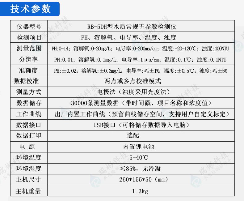 水質(zhì)常規(guī)五參數(shù)檢測儀（pH、電導(dǎo)率、溶解氧、水溫、濁度）技術(shù)參數(shù)