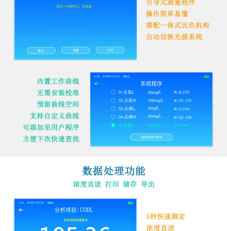 多參數(shù)水質(zhì)檢測(cè)儀COD氨氮總磷總氮重金屬測(cè)定儀數(shù)據(jù)處理功能